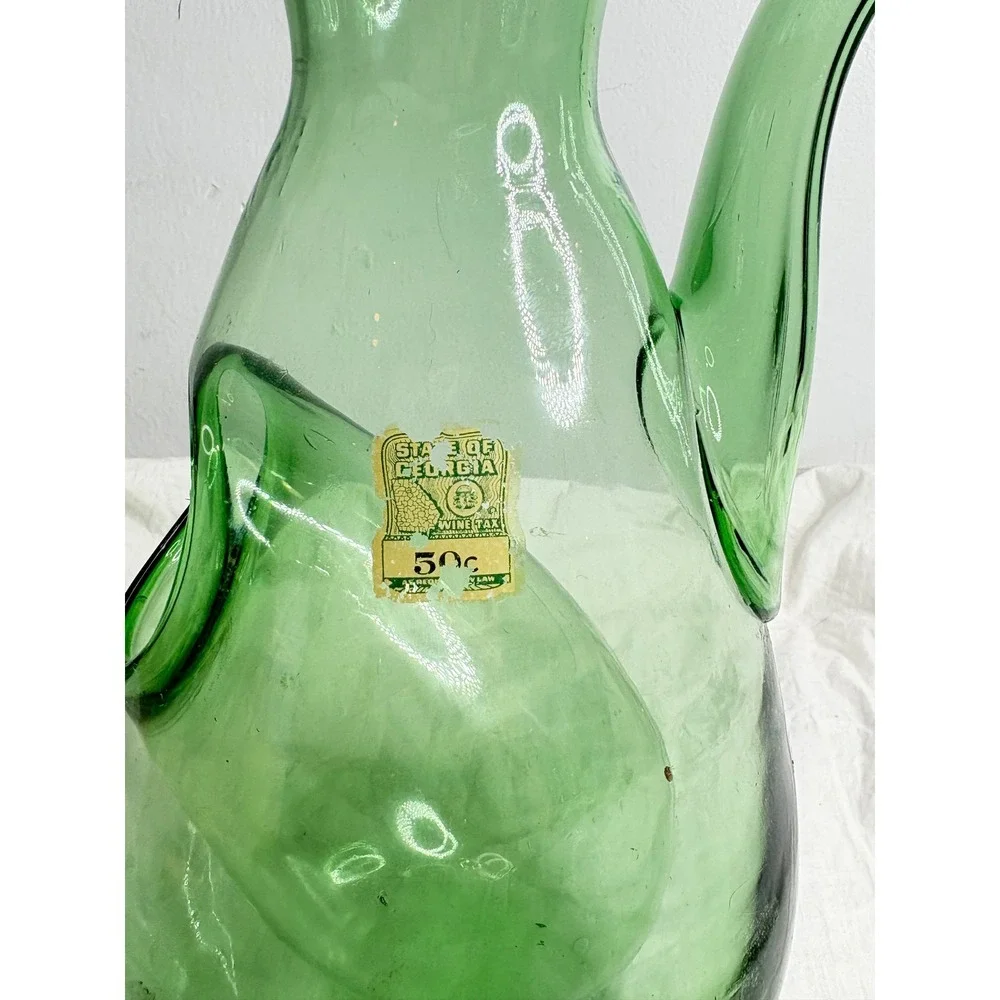 Vintage Green Glass Wine Carafe Decanter with Handle and Spout Unique Art Glass